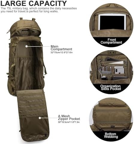 Khaki 75L molle internal frame backpack — photo 4