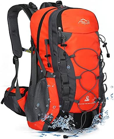 Orange 35L hiking backpack with rain cover