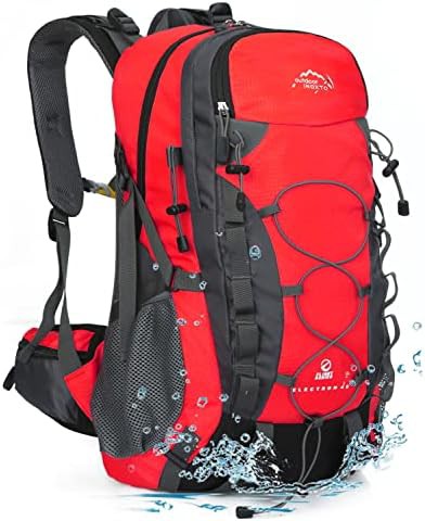 Red 40L hiking daypack with rain cover