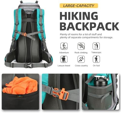 Lake blue 60L hiking backpack with rain cover — photo 4