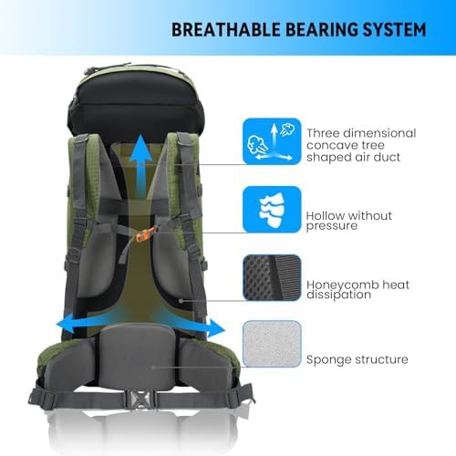 Bseash 80L touring hiking backpack in army green — photo 3