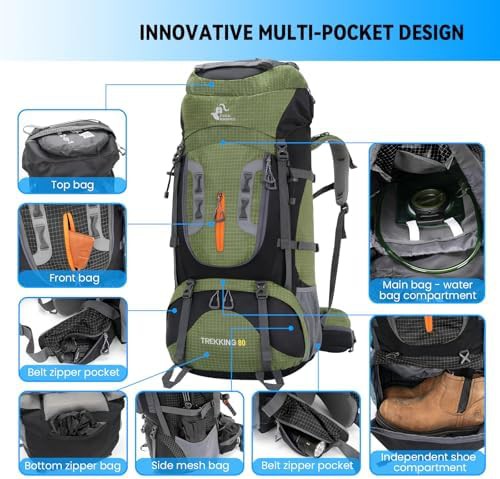 Bseash 80L touring hiking backpack in army green — photo 4
