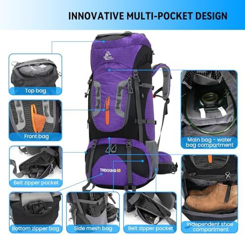 Bseash 80L touring hiking backpack in purple — photo 3
