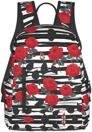 Black white stripes red rose backpack