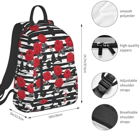Black white stripes red rose backpack — photo 4