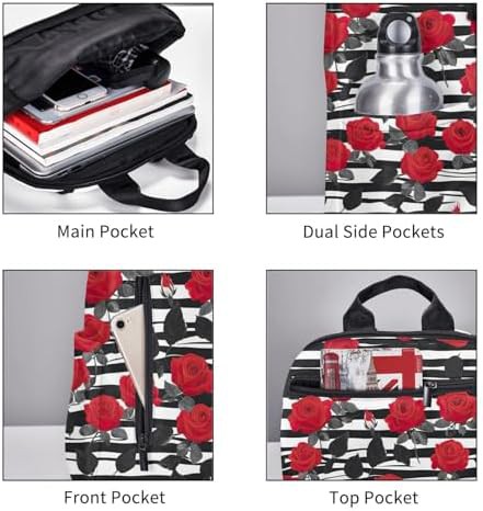 Black white stripes red rose backpack — photo 5