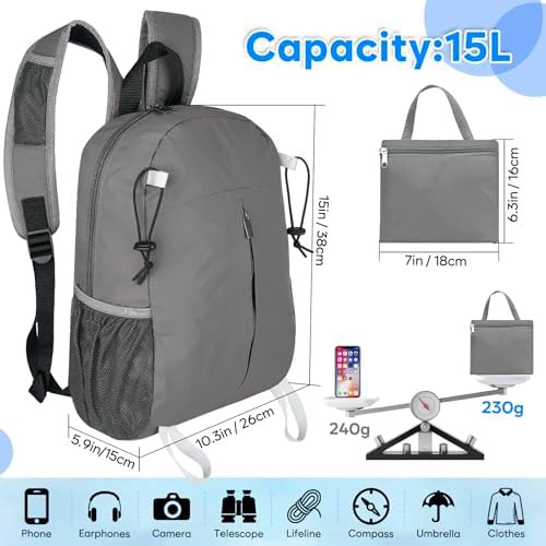 Grey Packable Ultralight Hiking Daypack 15L — photo 5