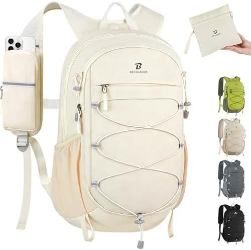 Beige 15L daypack with shoulder strap pockets